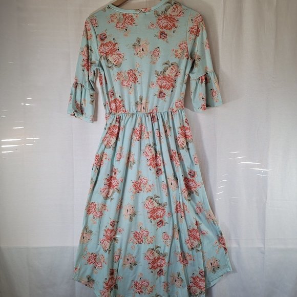 Promesa Light Blue Pink Floral Roses Midi Dress Bell Ruffle Sleeves Pockets - Picture 4 of 7